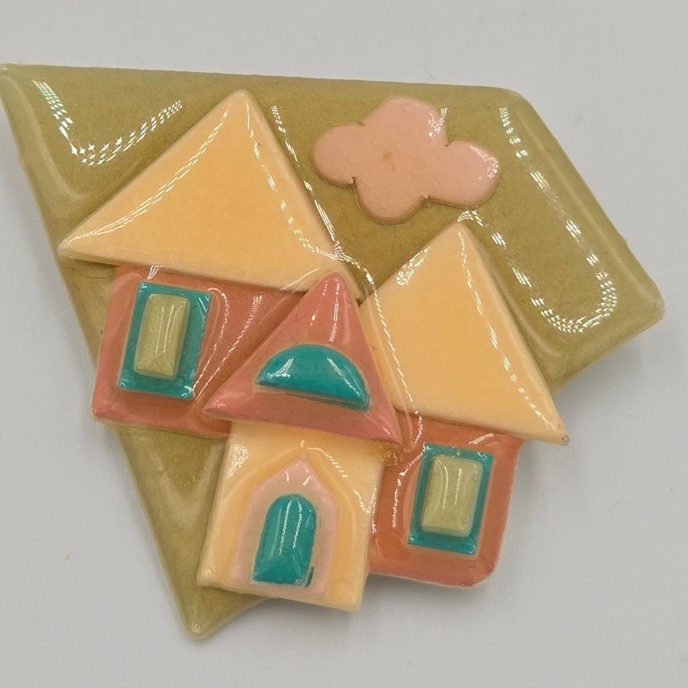 Vintage Lucinda House Pins Brooch Pastel Art Deco Style Folk Art Resin Pin